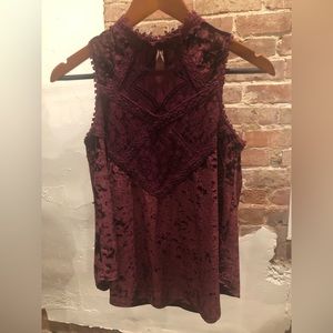 Altar’s State Crushed Velvet Lace High Neck Sleeveless Blouse Top Maroon Red